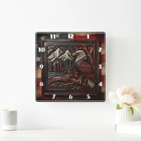 Eagle Carving With Mountain Backdrop Square Wall Clock