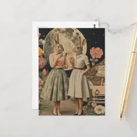 Surreal pair of rabbit ladies breakfast collage postcard