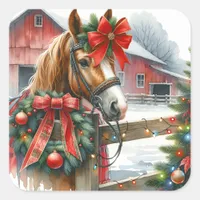 Pretty Brown Horse in Red Bow Christmas Square Sticker