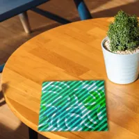 Tropical Monstera Leaves and Diagonal Stripes Ceramic Tile