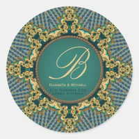 Orange Gold Teal Brocade Lace Circle Monogram Classic Round Sticker