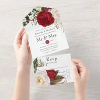 Red and White Boho Floral Wedding All In One Invit All In One Invitation