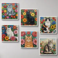Six Folk Art Cats and Flowers Colorful Peel And Stick Photo Tile