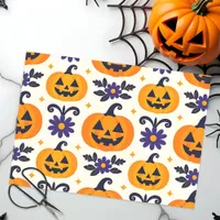 Smiling Jack-O'-Lanterns Purple Flowers Halloween Tissue Paper