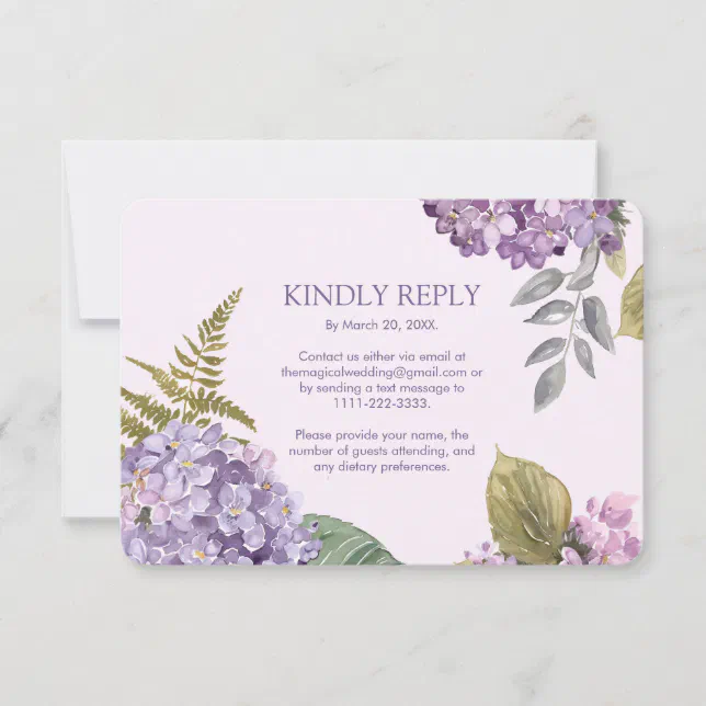 Watercolor Lavender Hydrangea Fern LeavesWedding RSVP Card