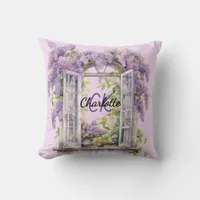 Lilacs window flowers pink monogram throw pillow