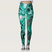 Teal and Black Bubbles Digital Fluid Art Cells  Leggings