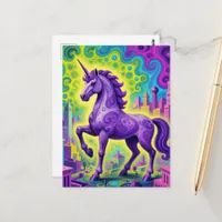 Surreal purple unicorn in a city postcard