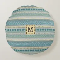 Nautical Ocean Stripe Patterned Sea Blue Monogram Round Pillow