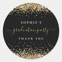 Gold Glitter Graduation Party Black Thank You  Classic Round Sticker