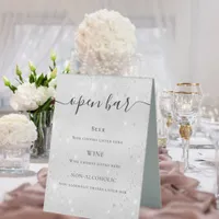 Silver metallic glitter sparkles script bar menu table tent sign