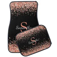 Chic Coral Peach Glitter Confetti Monogram Black Car Floor Mat
