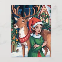 Elf Woman and a Reindeer Postcard