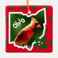 Northern Cardinal and Buckeyes Ohio Christmas Ceramic Ornament