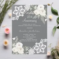 White florals gray 25th wedding anniversary invitation