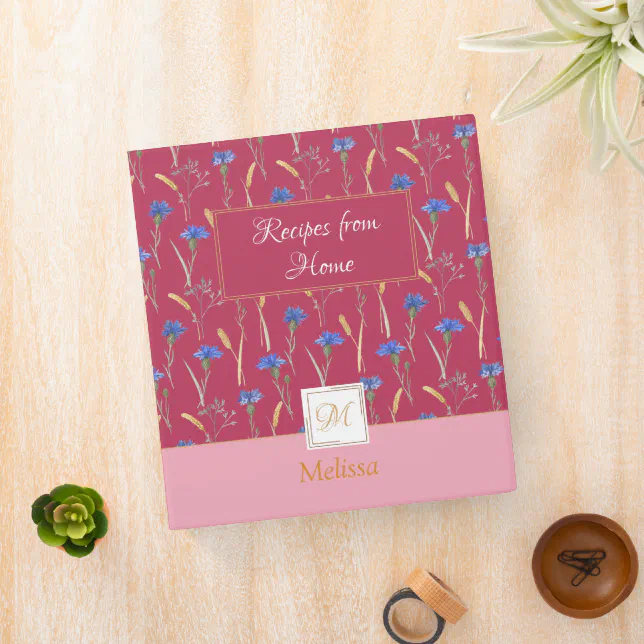 Red Floral Wildflower Monogram Recipe 3 Ring Binder