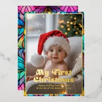 My First Christmas Baby Photo Stained Glass Photo Foil Holiday Card