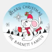 Personalized Cute Merry Christmas Mouse Snowflakes Classic Round Sticker