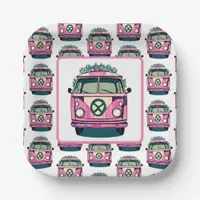 Pink 1970s Hippie Van Retro Vintage Style Birthday Paper Plates