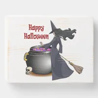 Happy Halloween with Young Witch at Cauldron, ZSSP Wooden Box Sign