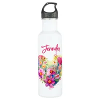 Personalized Floral Wreath Watercolor Magenta Stainless Steel Water Bottle