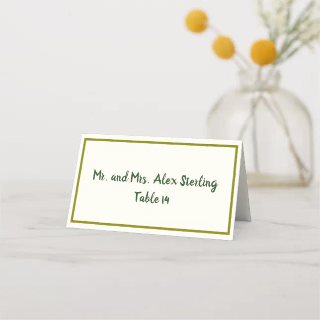 Handwritten Olive Green Bold Border Wedding  Place Card