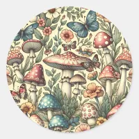 Vintage Mushrooms, Flowers, Butterflies Whimsical Classic Round Sticker