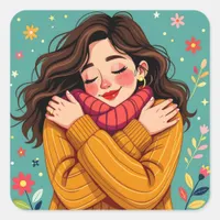 Love Yourself | Girl Hugging Herself Square Sticker