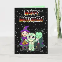 Happy Halloween Kid Witch, Mummy and Vampire Card