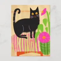 Black Cat With Pink Flowers Postcard