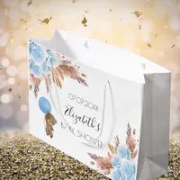 Baby Shower teddy floral pampas grass blue boy Large Gift Bag