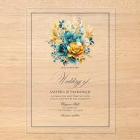 Transparent Teal and Gold Floral Wedding Acrylic Invitations