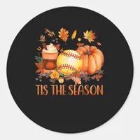 Tis The Season Pumpkin Leaf Latte Fall Softball Classic Round Sticker