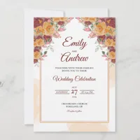 Maroon Arch Gold Elegant Floral Watercolor Wedding Invitation