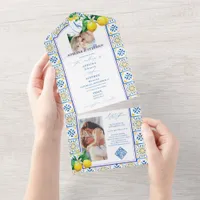 Mediterranean Tile Italy Blue Crest Lemon Wedding All In One Invitation