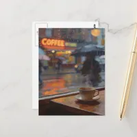 Rainy Day Abstract Woman A Umbrella Coffee Shop Postcard