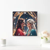 Romantic Encounter Between Two Elegant Women Square Wall Clock