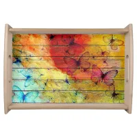 Butterflies on a Colorful Rustic Wood Serving Tray