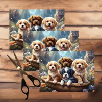 Cute puppies in a basket, kids  tissue paper