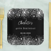 Birthday black silver glitter sparkles paper plates