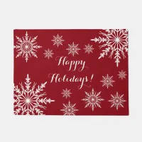 White Winter Snowflakes on Red Happy Holidays Doormat