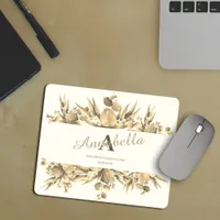 Modern Floral Leaf Monogram Gold Brown and white Mouse Pad