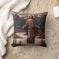 Jesus Walking on Water Surrounded by Mountains Throw Pillow