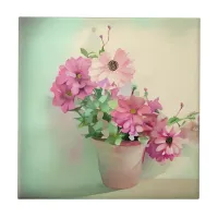 Pot of Pink Watercolor Flowers  Ceramic Tile