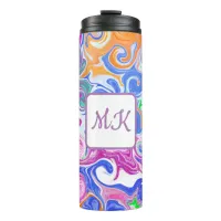 Blue, Orange, Purple and Teal Fluid Art Monogram Thermal Tumbler