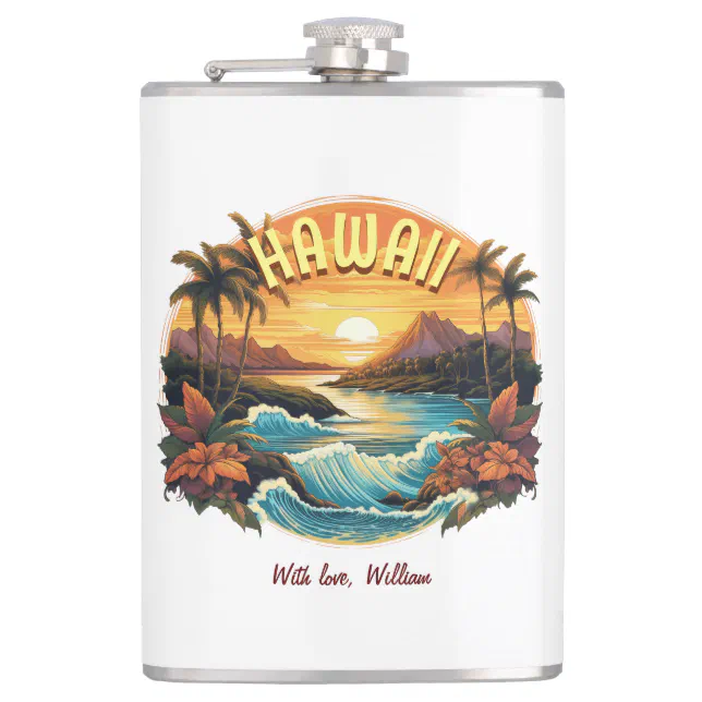 Vintage Art Sunset at Hawaii Beach Mountains Flask