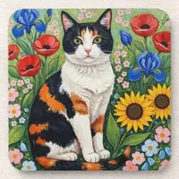 Calico Cat and Folk Art Sunflowers Beverage Coaster