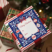 Navy Blue and Red Folk Art Christmas Ornaments Square Sticker