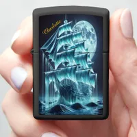 Pirate Ship Gliding Through Glowing Night Waves B Zippo Lighter