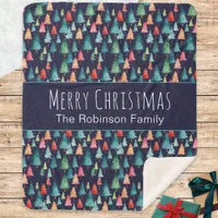 Colorful Watercolor Christmas Trees Personalized Sherpa Blanket